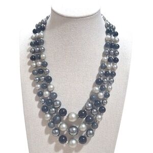Vintage Triple Strand Japan Grey Black Acrylic Beaded Necklace 14-17" Signed